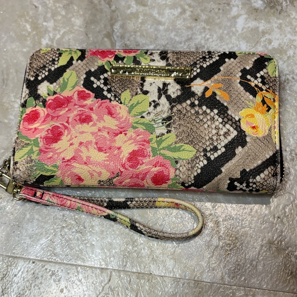 Betsey Johnson Floral Pink Yellow Snake Print Wristlet Wallet